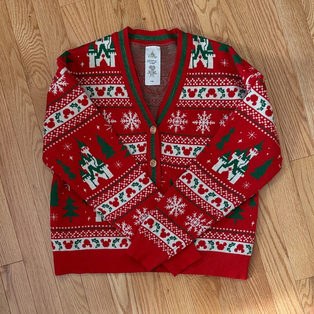 Disney Mickey Mouse Castle Red and Green Holiday Cardigan Sweater NWOT